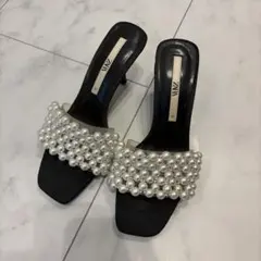ZARA パール装飾 ミュール サンダル ブラック