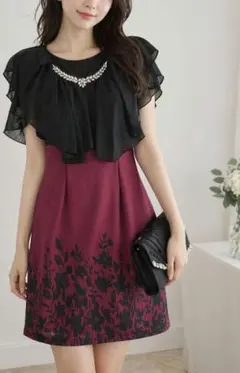 ドレス ワンピース XL 黒×ボルドー ビジュー フレア 結婚式 二次会 上品