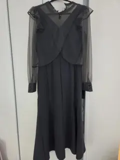 シースルー袖 チャコールグレー ラップドレス L