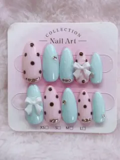 ♡ミントドットネイル♡ブルー ピンク パステル リボン ネイルチップ10個セット