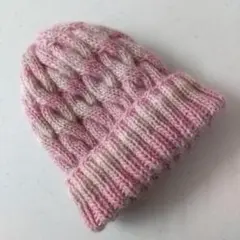 ニット帽　ケーブル編み　 ウール100%　スモーキーピンク系MIX