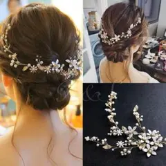 ゴールドお花パールヘッドドレス結婚式ヘアアクセサリー成人式髪飾りウェディングx