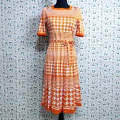 レトロワンピース☆千鳥格子　ボーダー　総柄　スクエアネック　プリーツ　オレンジ白