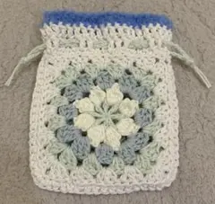 【ハンドメイド】編み物　花　水色　青　白　巾着　ポーチ