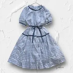 Y5313 ガーリーワンピース チェック柄ロング丈 ウエストリボン ブルー系