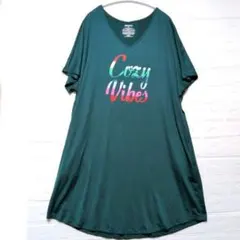 チュニック Vネック 半袖 ロゴ L-XL 深緑 ポリ 部屋着 ビッグシルエットのサムネイル