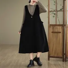 ジャンパースカート レトロ 無地 ロング フード付き コーデュロィ Vネック