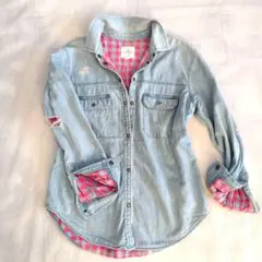 デニムシャツ ライトブルー ピンクチェック裏地 ダメージ 個性的