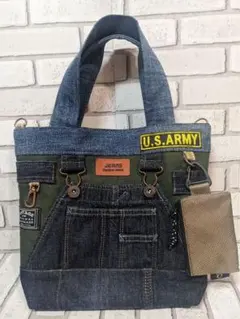 No.D002 オーバーオールバッグ　 アメカジ　　迷彩　リメイクデニム