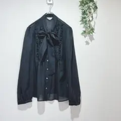 【ノーリーズ】リボンタイ長袖シャツ　シアー　サイズ38 前ボタン　フリル