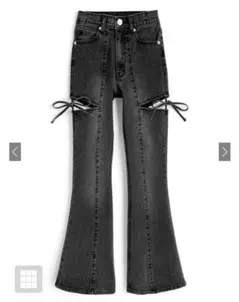 GRL サイドカットアウトリボンフレアデニムパンツ ブラック