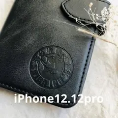 iPhone12.12pro 手帳型スマホケース　レザー　黒　シンプル　柴犬　犬