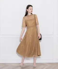 LEJA ハイネック花柄レースウエストマーク透けロングドレスワンピース