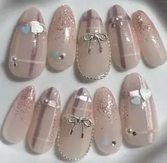 ハンドメイドネイルチップ　ピンキィチェック