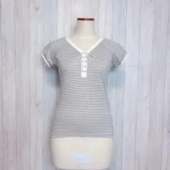 【anyfam】半袖カットソー トップス ボーダー Vネック レースアップ