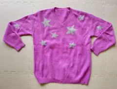 ピンク 星柄 ウール100% 長袖ニット