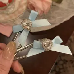 2個セット　ライトブルー　ハートビジュー　リボンクリップ　ヘアピン　キラキラ