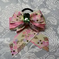 和柄リボンヘアゴム ピンククリーム