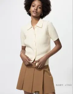【ユニクロ】リブポロカーディガン/半袖 OFF WHITE WOMEN M