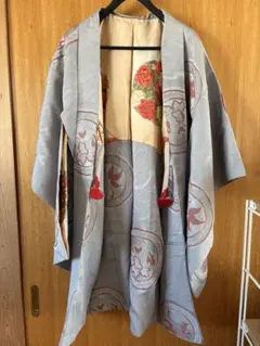 グレー 長羽織 花柄　正絹 羽織紐つき
