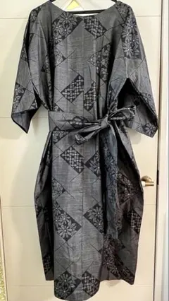 着物リメイク 村山大島のAラインワンピース リボン(共布紐ベルト)付き