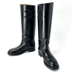 美品　シャネル　ロングブーツ　ココマーク　エンボスロゴ　レザー　黒　23.5相当