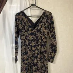 ネイビーゴールド花柄長袖ワンピース