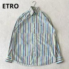ETRO 長袖シャツ マルチストライプ マルチカラーロゴ刺繍 イタリア製XL相当