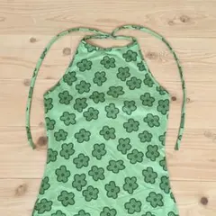 シーイン 花柄 ミニワンピース 水着 ホルターネック 緑 綿 夏 映え