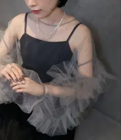 【forksy.】【オケージョン対応】ボリュームチュールフリル袖シアーブラウス