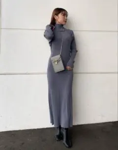 グレー ニットタートルネック ロングワンピース