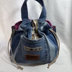ハンドメイド　デニムリメイク　巾着トートバッグ