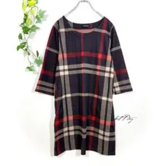 SUNNARZE チェック柄 ワンピース(L)膝丈 7分袖 フレア Uネック