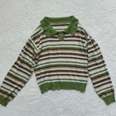 ポロニットシャツ　マルチボーダー　クロップド　レトロ　グリーン　ブラウン　M