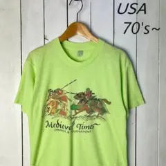 USA古着 70s～ 染み込みプリントTシャツ XS～S程度 黄緑 オールド