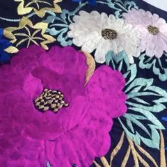 アンティーク名古屋帯　刺繍の大輪花模様　濃紺　正絹　大正ロマン　No.7-28