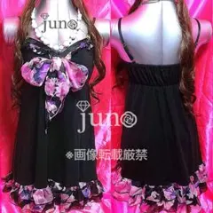 ゴールズ 水彩 ぼかし 花柄 シフォン リボン フリル キャミワンピース 紫 黒