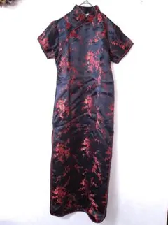 チャイナドレス 黒 赤 花柄 スリット タイト ロング セクシー L コスプレ