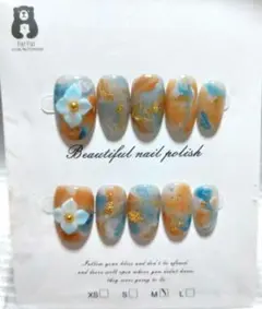 【新品未使用】ハンドメイド ネイルチップ 35　オレンジ&ブルー キラキラ