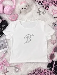 ラインストーン Bロゴ 半袖Tシャツ ホワイト