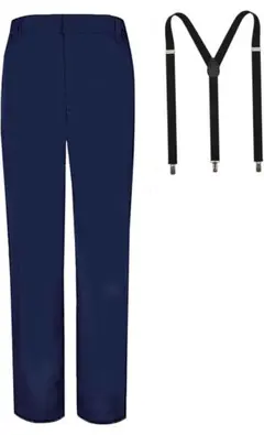 ボーイズパンツ調節可能ウエストフラフロントドレスパンツ サスペンダー付ネイビー