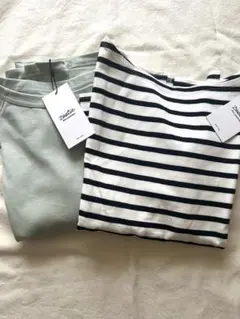 新品未使用タグ付き 2着セット ストライプ柄長袖Tシャツ L ミントグリーン