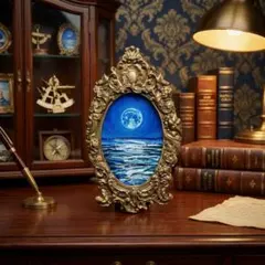 【一点物】油絵 ミニ絵画「ルナ・エリュシオン」額縁・壁掛け金具・ラッピング付 ルナ・エクリプス】油絵 ミニ絵画 原画「月夜の海」・飾り・プチギフト