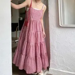 赤と白のギンガムチェック キャミワンピース