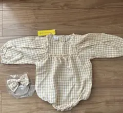 シーイン　ベージュチェック柄　ロンパース　ヘアバンド付　9-12m