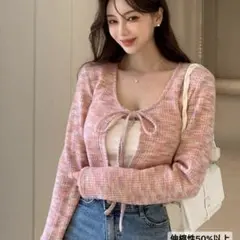 DAZY クロップド ニットカーディガン リボン ピンク