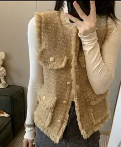 【GW期間割引】新品　高級感ツィード　編み立て ノーカラージャケット　Mサイズ