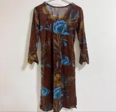 レトロ 花柄 長袖 ベロア ワンピース ブラウン系 秋冬 レディース 海外古着