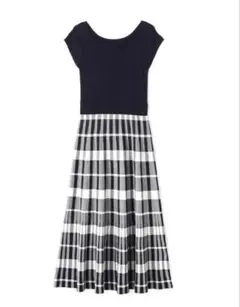 ナチュラルビューティベーシック チェックニットワンピース 美品 ネイビー