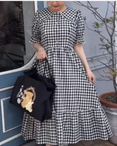 【3L】青木美沙子 ギンガムチェック 半袖フレアワンピース